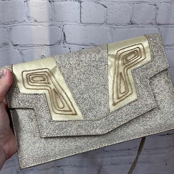 J. Renee gold & cream clutch purse with strap - Picture 1 of 8